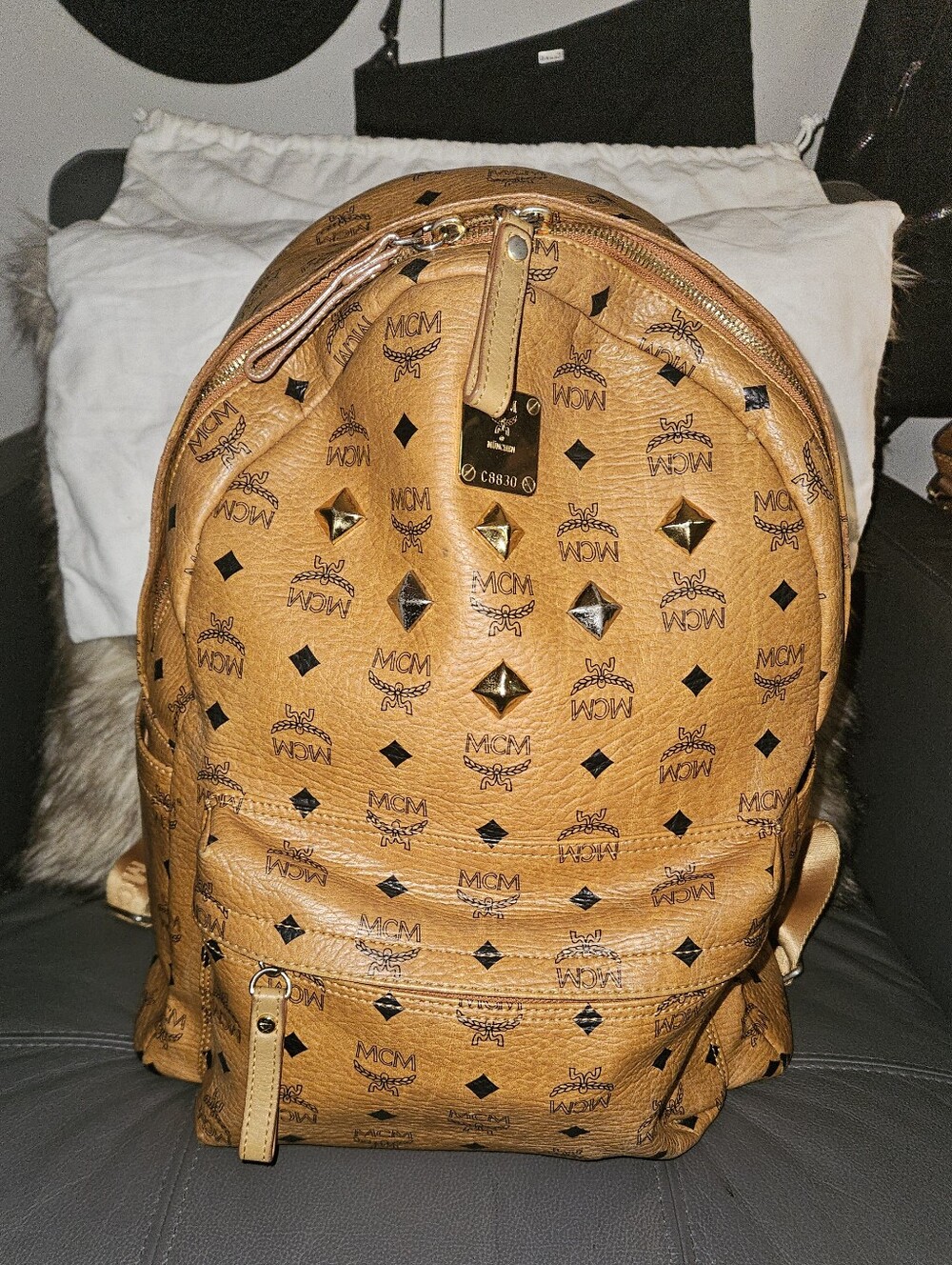 MCM Cognac Logo Print Studded Backpack